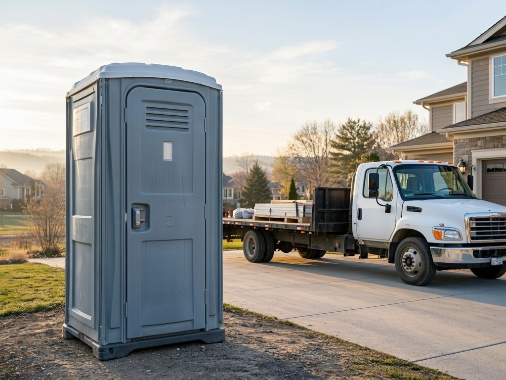 Portable toilet by a driveway